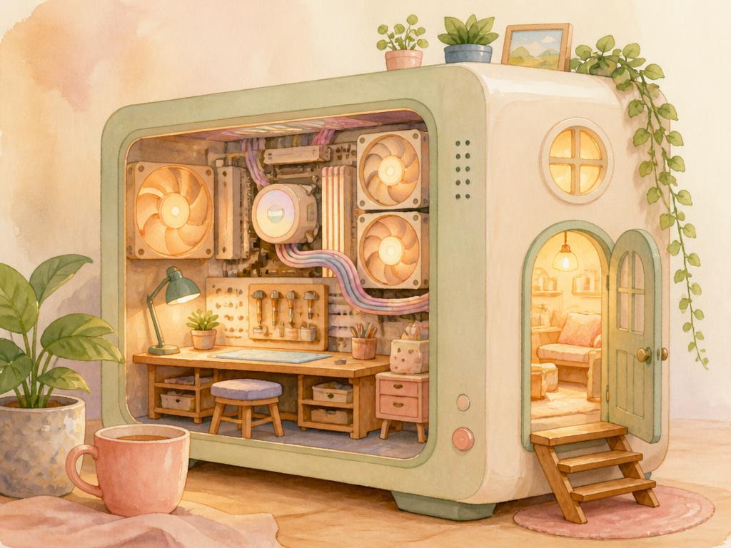 Illustrated pastel home: The Tech Nook, where Olaf lives