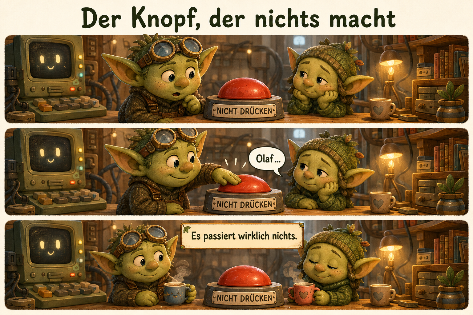 Three-panel GoblinFlat mini-comic with Olaf, Gobii and a big red button.