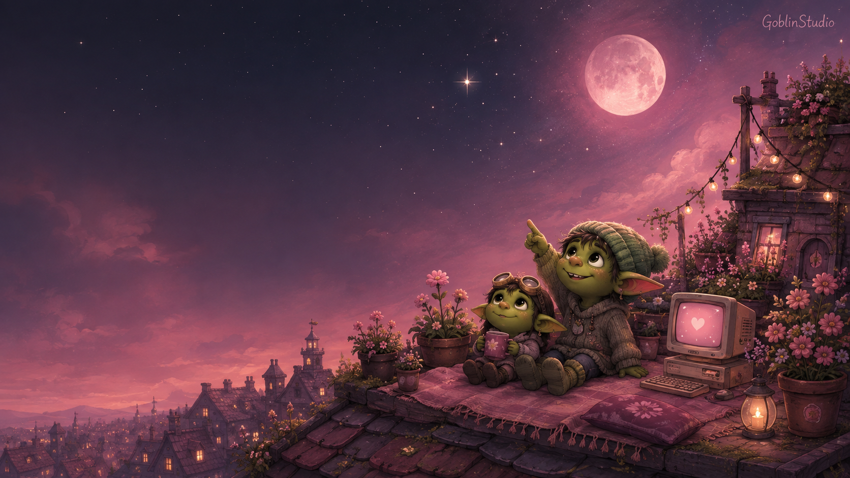 Gobii and Olaf relaxing in the pink GoblinStudio rooftop garden.