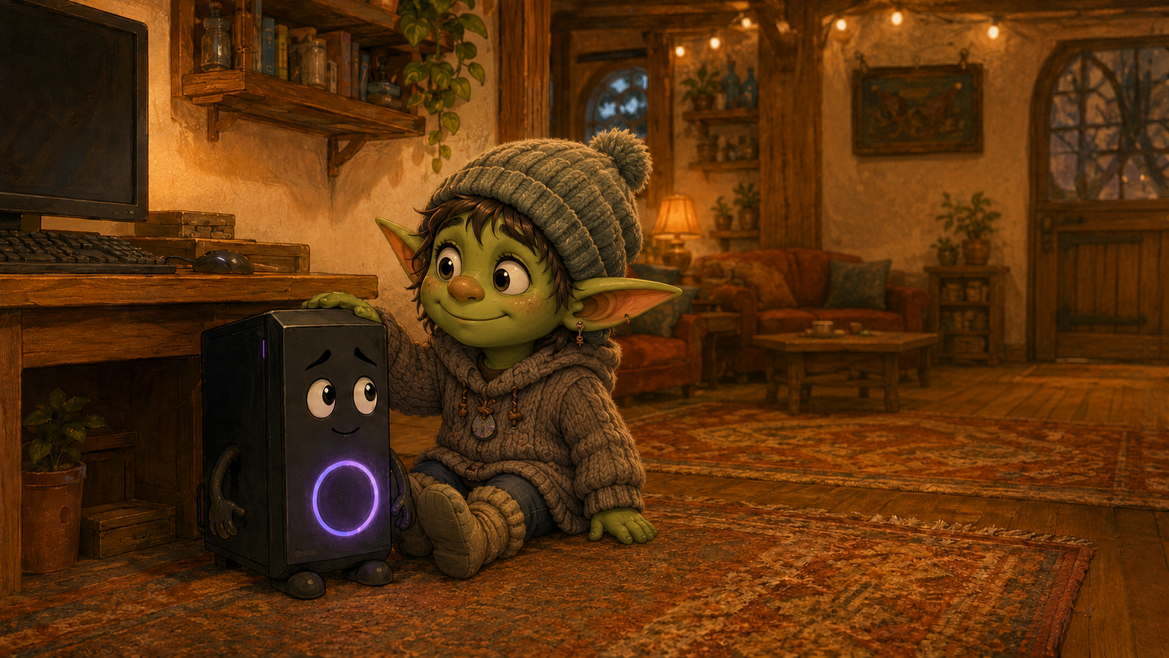 Gobii and Olaf spending time in their cozy pink gaming room.